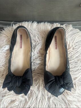 Prada Black Leather Bow Ballet Flats